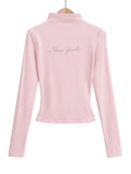 Hottie Autumn Hot Diamond Half High-Neck Long Sleeve Tight Short T-Shirt Solid Simple Top