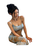 Blue Sling Babes Dress Women Summer New Tie Dyed Sexy Style Design Open Forked Ass Hips Long Skirt