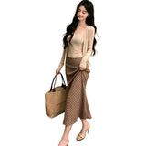 Early Autumn Thin Suit Temperament Gentle Style Button-Button Cardigan + Sling Vest + Wave Half-Dress Three-Piece Set Of Women