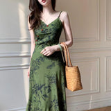 Summer Light Luxury High-Waistless Sleeveless Green Sling Skirt Over The Knee Young Temperament Waist Dress Woman