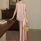 Peach Powder Moon's 'Dunhuang Baoyan Flower New Chinese Lace Vest Women's 2026 Summer Lint Skirt Two-Piece