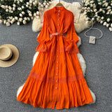 French Court Retro Elegant Dress Women's Collar Horn Sleeves To Close Single Buckle Lace Splicing Large Swing Dress