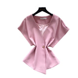 Korean Version Of The Commuter Style V Collar Short Sleeve Loose Shirt Women's Summer Design Sense Of Irregular Cardigan Temperament Tops Niche