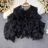 Round Collar Irregular Lotus Leaf Side Long Sleeve Loose Single-D Row Buckle Shirt Women's Spring And Autumn Design Sense French Casual Top