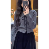 KANING Small Fragrant Wind Bow Gray Knitted Cardigan 2026 Autumn New Wear Wearing A Short Sweater Top Woman