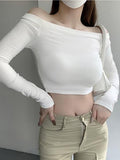 Ins Pure Lusty Umbilly Shoulder-To-Shoulder-Bottom T-Shirt Girl Spring And Autumn Hottie Short-Sleeved Blouse Girl