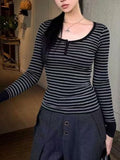 Sexy Pure Desire To Hit The Color Striped Button Long Sleeve Bottom T-Shirt Girl New Hot Girl Autumn And Winter Body Bottoming Top Woman T