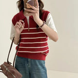 KANING Striped Collar Half Zipper Knitted Vest Women 2026 Autumn New Simple Folded Knitted Vest Women