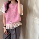 KANING Lotus Lace Splicing Knitting Vest 2026 Autumn Design Without Sleeveless Shoulder Folding Sweater Vest