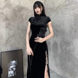 Vintage Chinese Velvet Cheongsam Improved Dress New Chinese Open Fork Tall Cool Black Temperament Long Dress