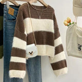 Short Knitted Striped Hooded Sweater 2025 Autumn Coat Women New Retro Loose Outer Wear Lazi Knitted Shirt
