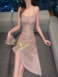 Sexy V-Neck Flashing Sling Dress Summer Woman's New High-Rise Body Strap With Irregular Short Skirt