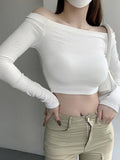 Ins Sexy Babes A Word Shoulder Short-Sleeved T-Shirt Girl Autumn Pure Want To Show Up Shoulder T-Shirt Bottom Thread Top