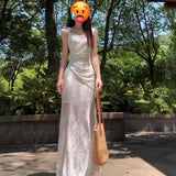 Temperament Princess Style White Lace Folded Sling Dress Women's Summer New Flower-Scuffed And-Coaled Dress