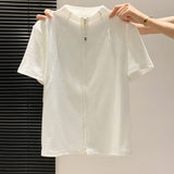 Li-Necked Double Zipper Short-Sleeved T-Shirt Women 2026 Summer New Korean Loose Thin Temperament Commuting Top