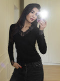 Purely Sexy New V-Neck Lace Lace Long-Sleeved T-Shirt Girl Spring And Autumn Hottie Slim Slimming Bottom Top Woman Tide