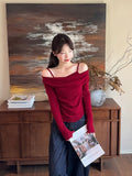 Pure Wind Red Fake Two-Piece Open Shoulder Splicing Long-Sleeved Knitted Shirt Women Autumn Wood Ear Design Feel Bottom Top