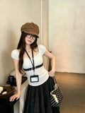 Korean Version Of The Sweet Storm Point Square Collar Bubble Sleeve Shirt Women Summer New Bow Decoration Slim Thin Blouse