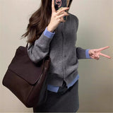 KANING Korean Version Of Gray Soft Glutinous Fake Two Knitted Shirt Women 2026 Autumn New Temperament Casual Sweater Jacket