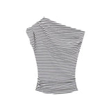 40 Pure Cotton Ribs Niche Design With Slanted Shoulder Short-Sleeved T-Shirt For Girls Summer Hottie Body-On-Striped Blouse