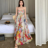 Colored Flower Exposed Shoulder Sling Dress French Women's Summer Waist Swing Skirt Seaside Style Dress