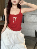 French Sweet Babes Sexy Red Lace Sling Vest Women Summer Bow Print Thin Short Top Tide