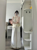 Korean Gentle Wind Hanging Neck Lotus Leaf Edge Sleeveless Coat Hanging Wide Leg Trousers Set Of Women's Summer Loose Thin Two Sets
