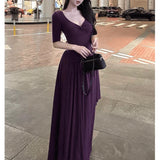 Gray V-Neck Dress Women Autumn Pure Lust Wind Gentle Lazy Temperament Slim Slim Slim Beautiful Beautiful Beautiful Long Dress