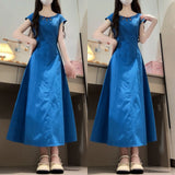 French Retro Blue Hollow Sleeveless Dress Simple Generous High-End Feel Waist-High Temperament Dress Summer New