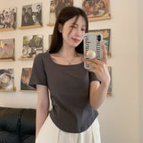 2026 Summer New Pure Windy U Collar Hottie Top Slimming Irregular Short-Sleeved T-Shirt Girl Ins