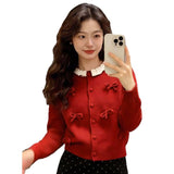 KANING New Year Red Butterfly Knit 2026 Spring New Lace Round-Neck Long Sleeve Sweater