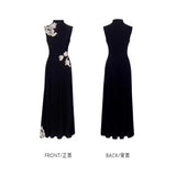 New Chinese Collar Sleeveless Lace Dress Half-High Collar Hanging High-Waisted A-Word Black Dress New Summer