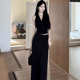 Summer Folded Vest V-Neck Top + Dating Solid-Colored Ass Hip Skirt Long Dress