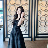 Pure Lusty Pure Color Slings Folding Dress Light Luxury High-End Women Summer Super Fairy Temperament Waist A Word Long Dress
