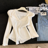3.16/Spring New XUAN XIAO JIE Wooden Ear Lace V-Neck Soft-Creined Knitted Cardigan