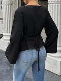 Sexy Ins Boat Tie With Horn Sleeve T-Shirt For Girls Spring And Autumn Waists Long Sleeves Bottom Women's Top
