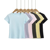 Spice Girls Summer Shoulder Round Neck Short Sleeves To Cool Waist Feel Fashion Basic Solid Color T-Shirt Set Short Sleeve Top