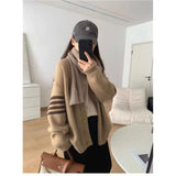 KANING Korean Striped V-Neck College Wind Loose Knits 2026 Autumn And Winter New Women's Sweater Coat