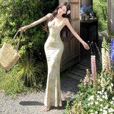 Holiday Style Sexy V-Necked Floral Sling Dress Woman Summer Back-To-Back Repair Bag With Fish Tail Long Skirt