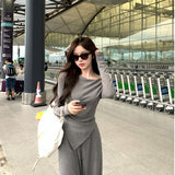 Korean Version Of Early Spring A Set Of Small Slant Shoulders To Reduce The Age Of Long Sleeve Blouse Casual Broad Legs Leisure Trousers Two Sets