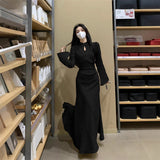 Large-Size French Cheongsam Dress Women's Autumn Hepburne Small Black Dress Fat Mm Waist Hanging Feeling Skirt