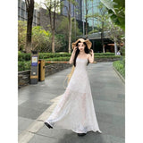 French Unique Beautiful Waist-Thing Green Sling Net Yarn Dress Women 2026 New Summer Beauty Slim Dress