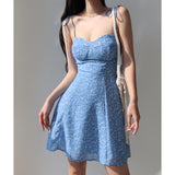 French Retro Girl Blue With Broken Flower Sling Dress Woman's Waist Thin A Word Holiday Dress