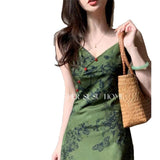 Summer Light Luxury High-Waistless Sleeveless Green Sling Skirt Over The Knee Young Temperament Waist Dress Woman