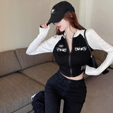 Spring Pure Hot Girl Repair Shoulder Long-Sleeved T-Shirt Female Korean Version Of The Locomotive Wind Splicing Zipper Short Thin Top