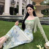 Pure Lust Lace Stitching Print Sling Dress Women's Summer French Temperament Holiday Dress Opener Two Sets