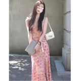 Sweet Wind Pink Slings With Broken Flowers With Joint Skirts Women's Summer French Temperament Sexy A-Word Dress