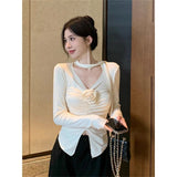 Pin Folded Flowers V-Neck Long-Sleeved T-Shirt For Girls Spring New Sweet And Spicy Style Slimming On The Clothes