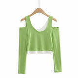 New Fashion Open Shoulder Elastic Slimming Short-Sleeved T-Shirt Two Stacks Of Bumpy Bottom Shirt