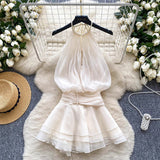 Vietnamese Wrinkled Flowers High-Grade Feeling Small White Skirt Milk White Ponbo Pearl Hanging Neck Skirt Temperament Goddess